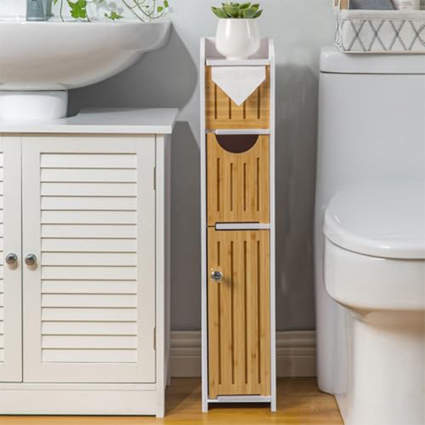 AOJEZOR Bathroom Storage Cabinet: Sideboard Buffet Cabinet,White/Bamboo