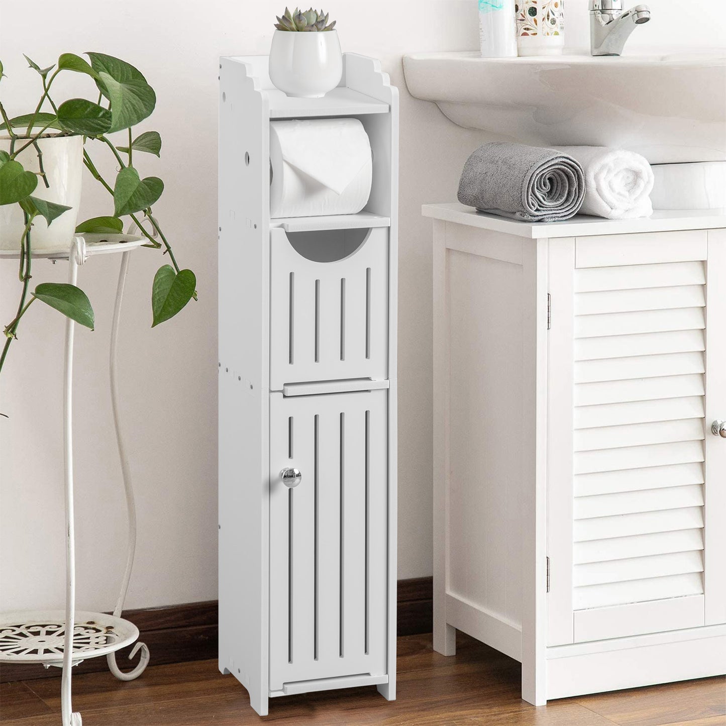 AOJEZOR Bathroom Storage Cabinet - Toilet Paper Holder and Organizer for Small Spaces, White