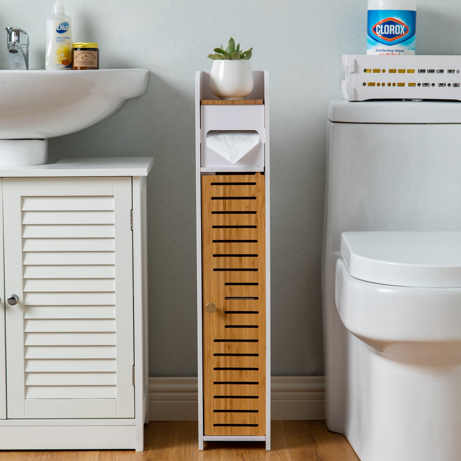 AmazerBath Bamboo Toilet Paper Storage Cabinet, Crevice Storage Cabinet,  Scroll Design